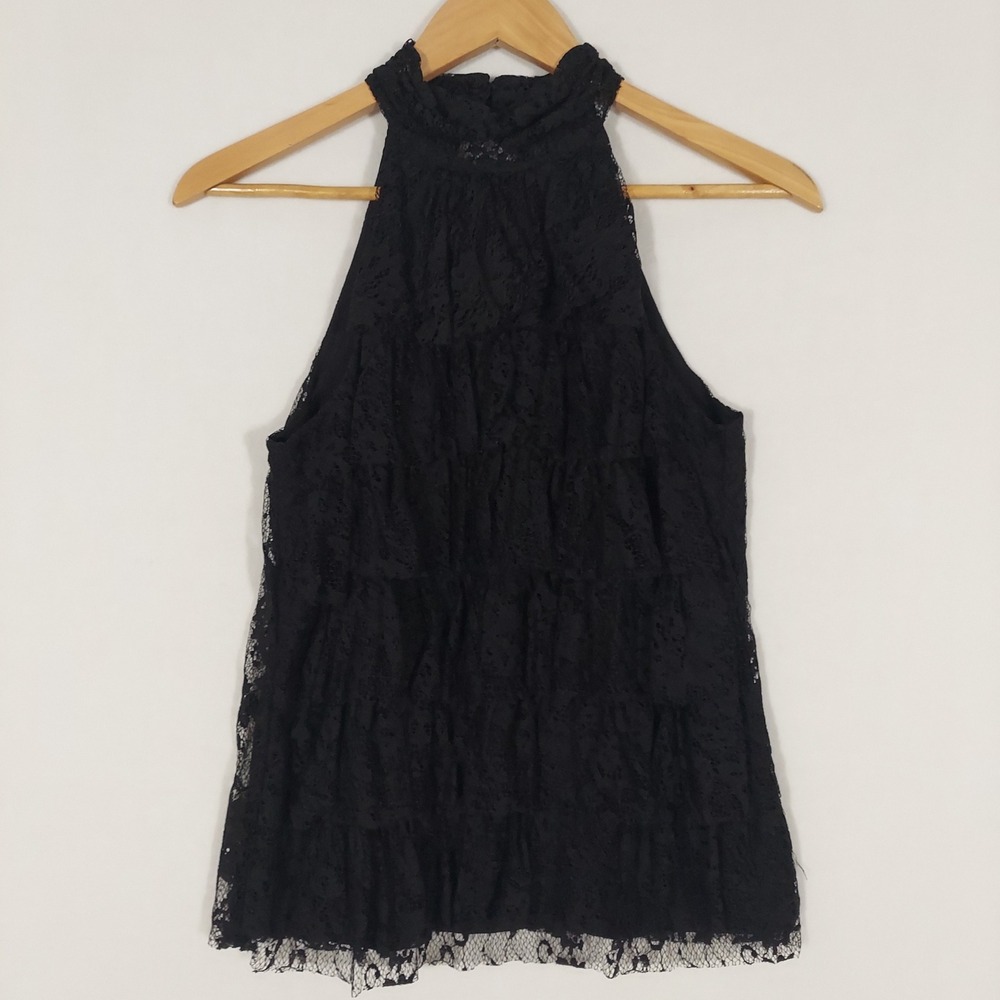 Black Lace Halter Top High Mock Neck Tiered Ruffle Goth Keyhole Sleeveless S